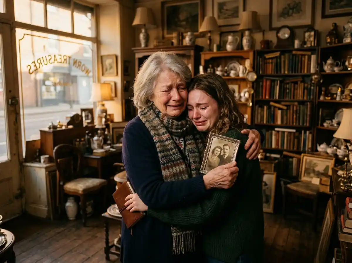 Two women crying and hugging tightly inside an antique shop