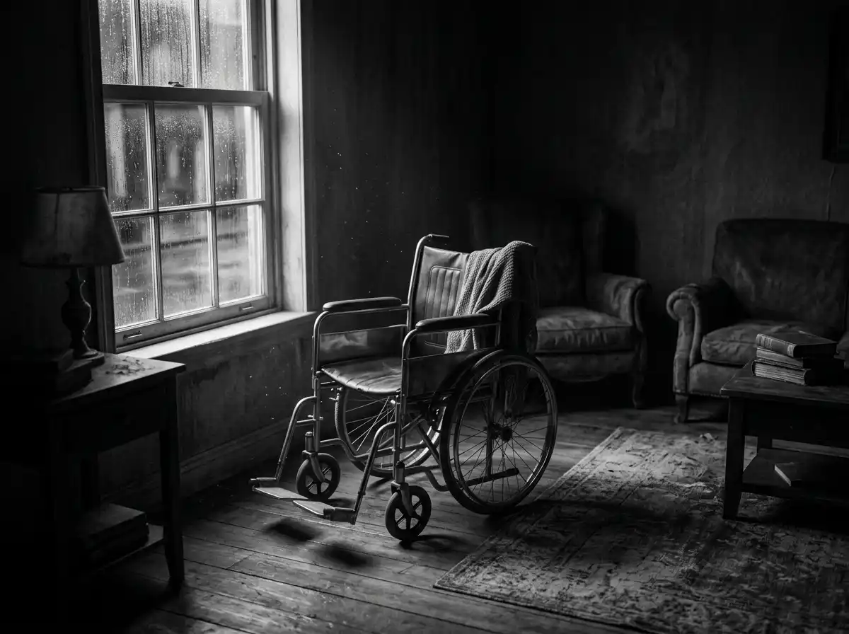 An empty wheelchair in a dimly lit room by a window