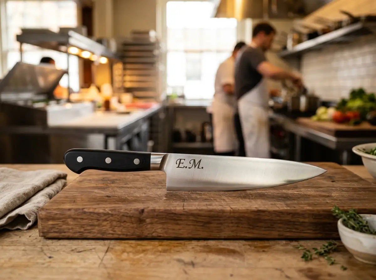 A high-quality chef knife with the initials E.M. engraved on the blade
