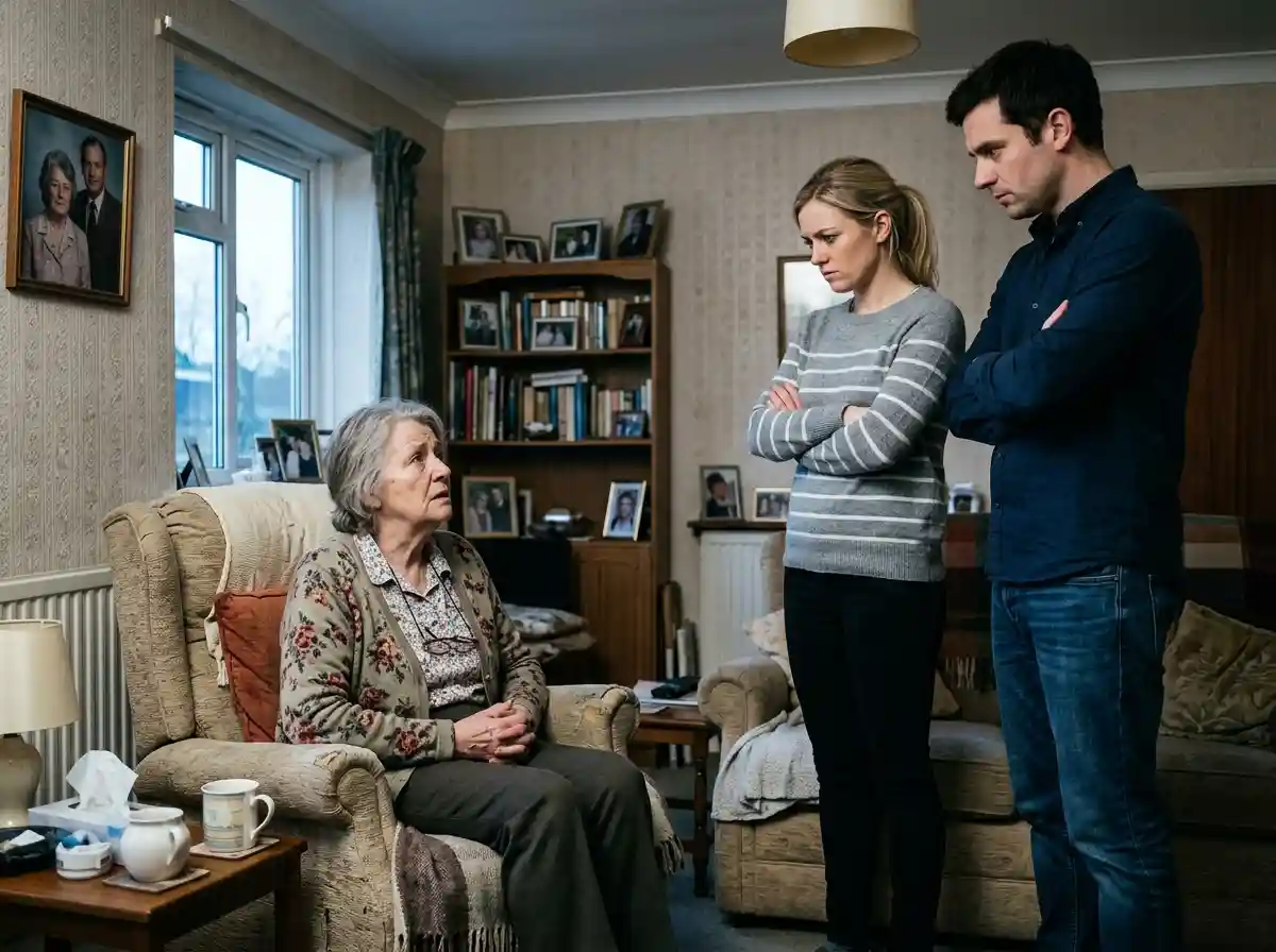 Younger couple standing with crossed arms demanding money from an older woman