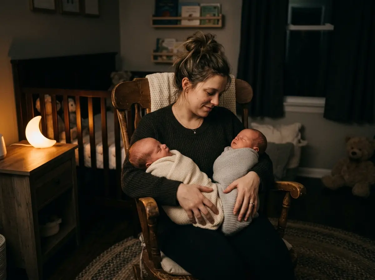 Exhausted mother holding twin babies in a dimly lit nursery