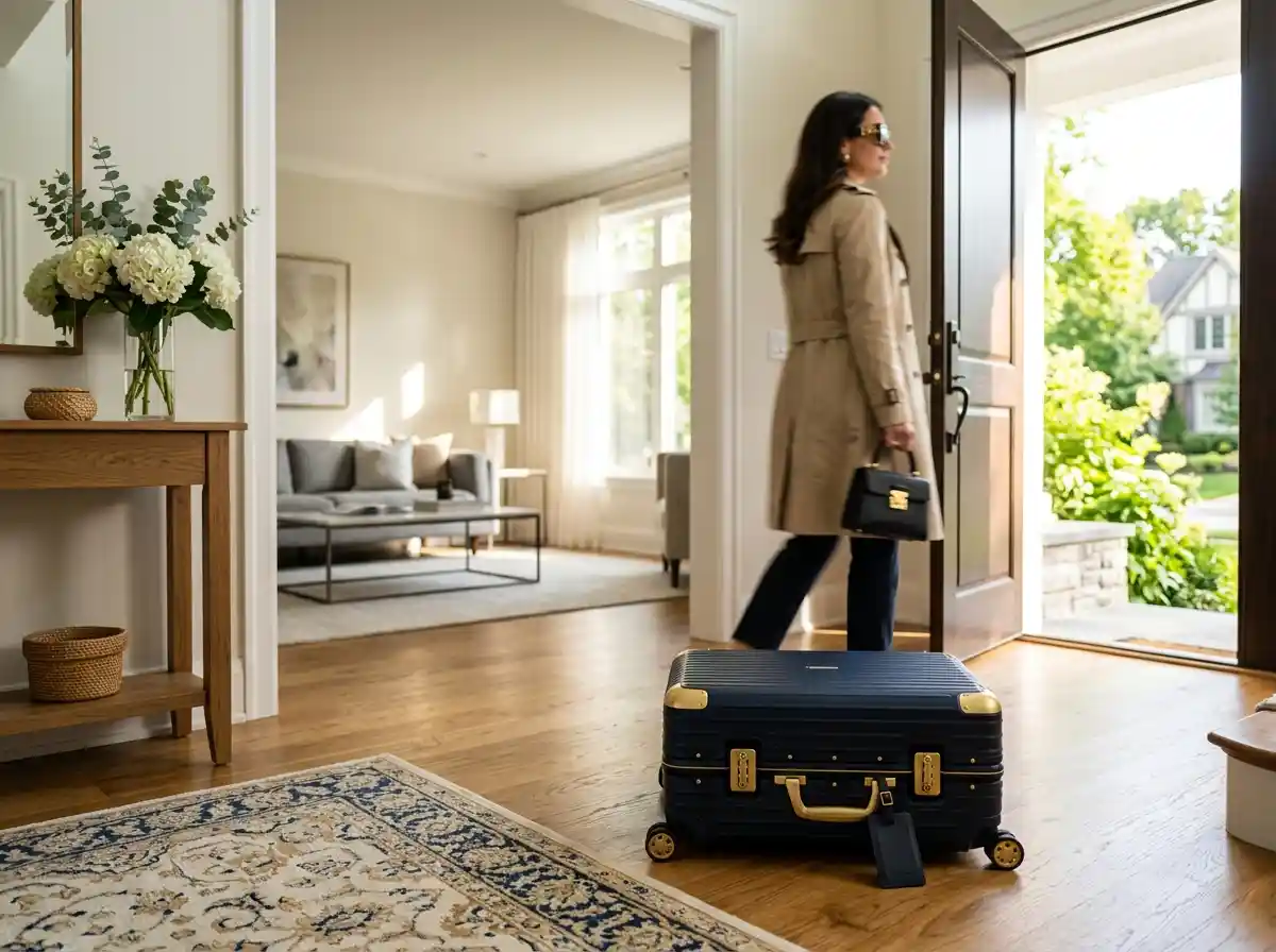 Expensive gold-zipped suitcase in a hallway