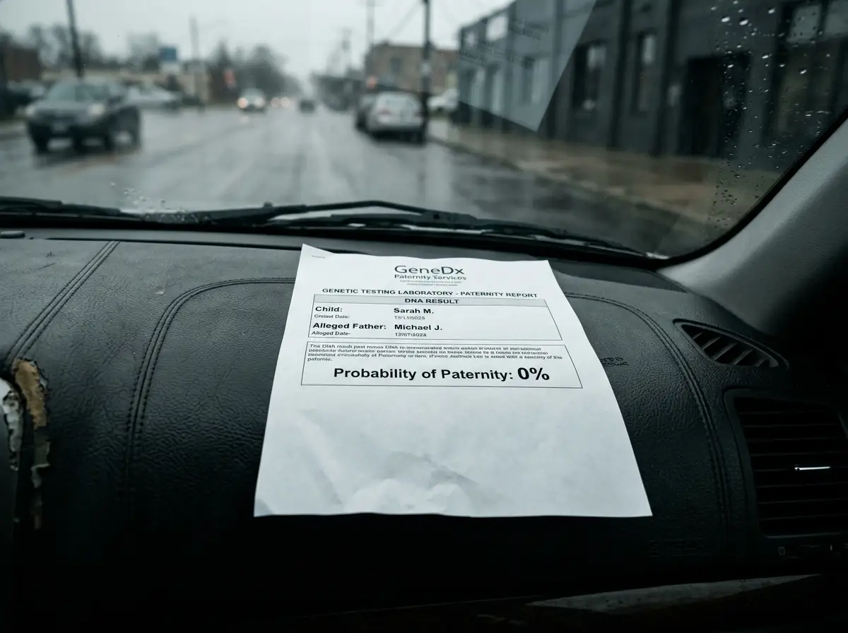 A DNA test result paper showing 0 percent paternity on a car dashboard