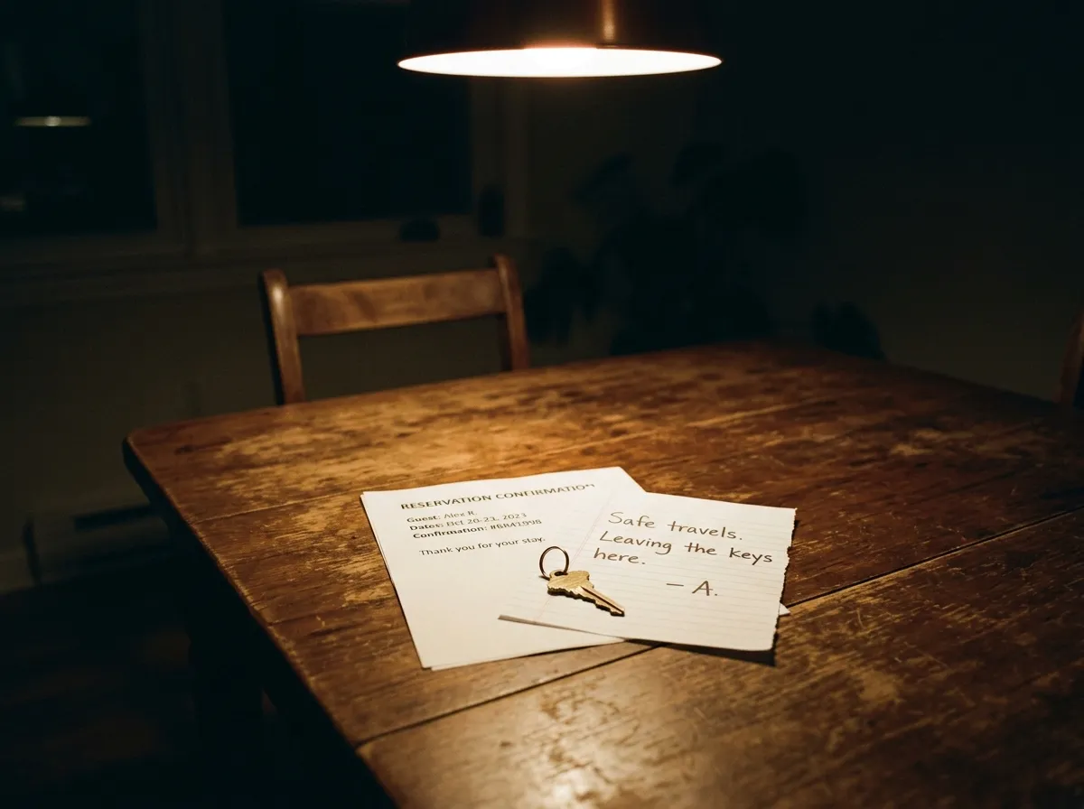 A handwritten note, a key, and papers left neatly on a dark wooden dining table
