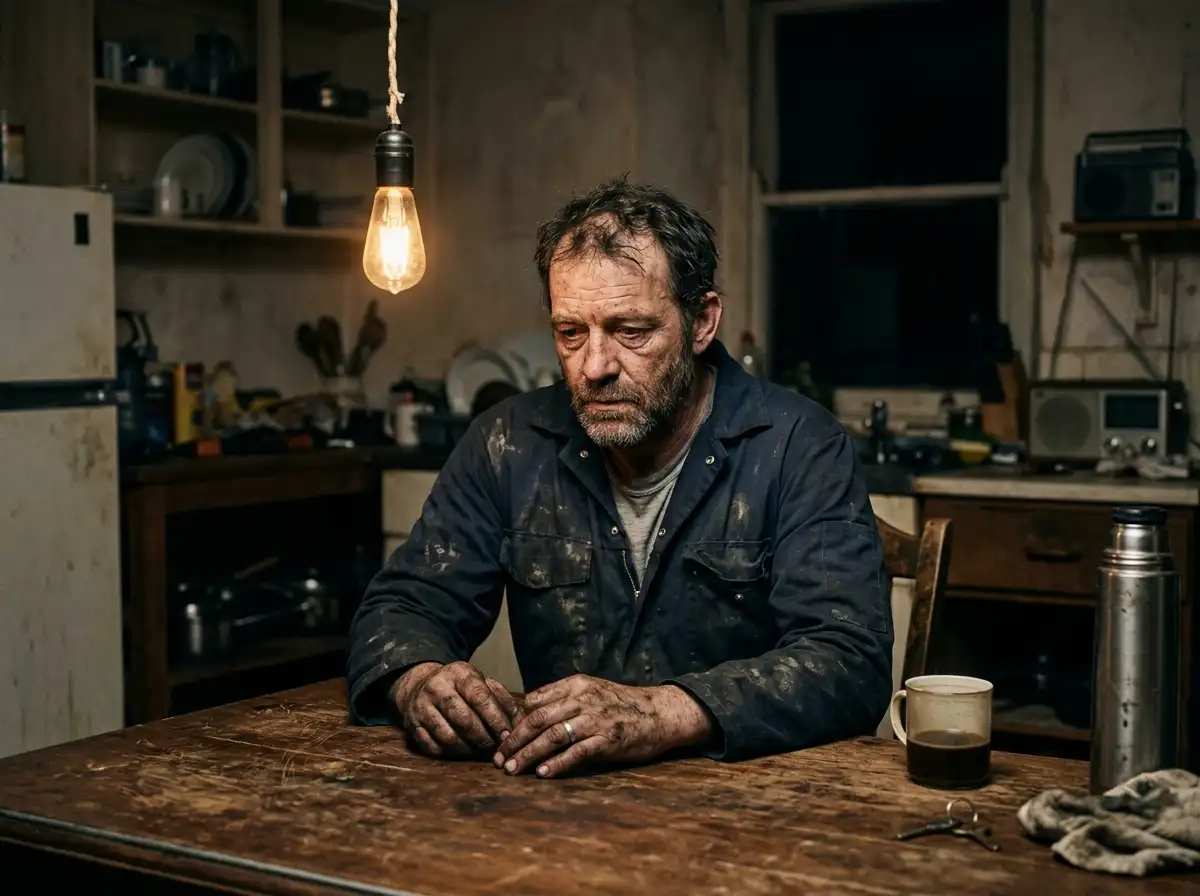 A tired father sitting at a kitchen table after work