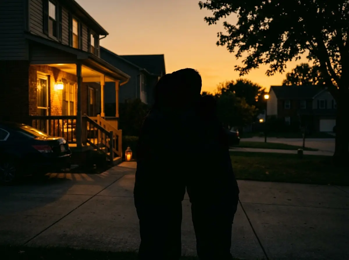 Silhouette of an older father and adult son hugging in a driveway