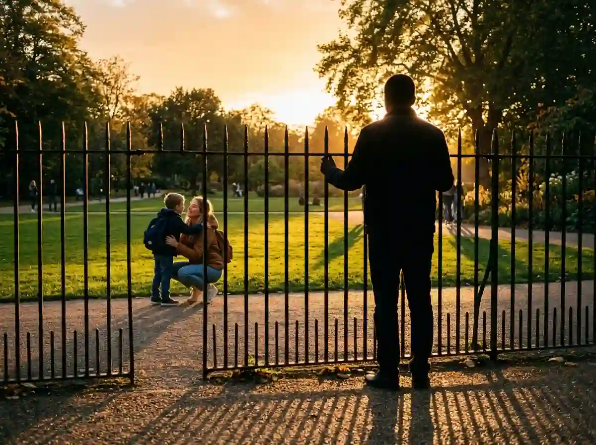 A silhouette of a man watching a mother and child from a distance