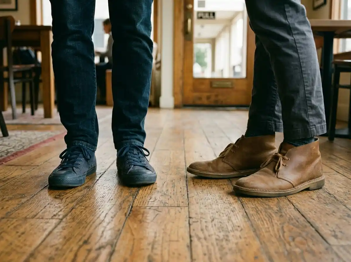 Close up of shoes pointing away from a conversation partner