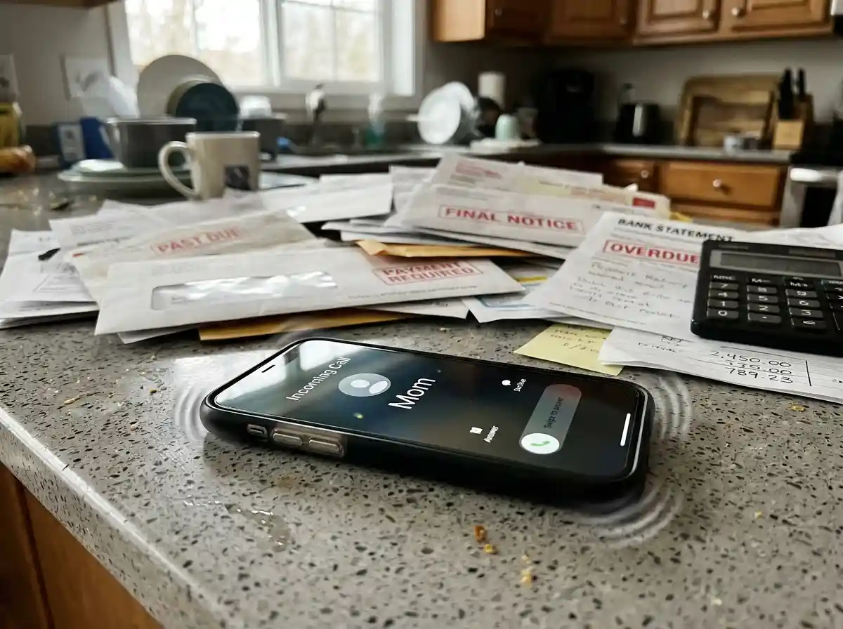 A smartphone ringing with a call from Mom, surrounded by past-due financial bills.