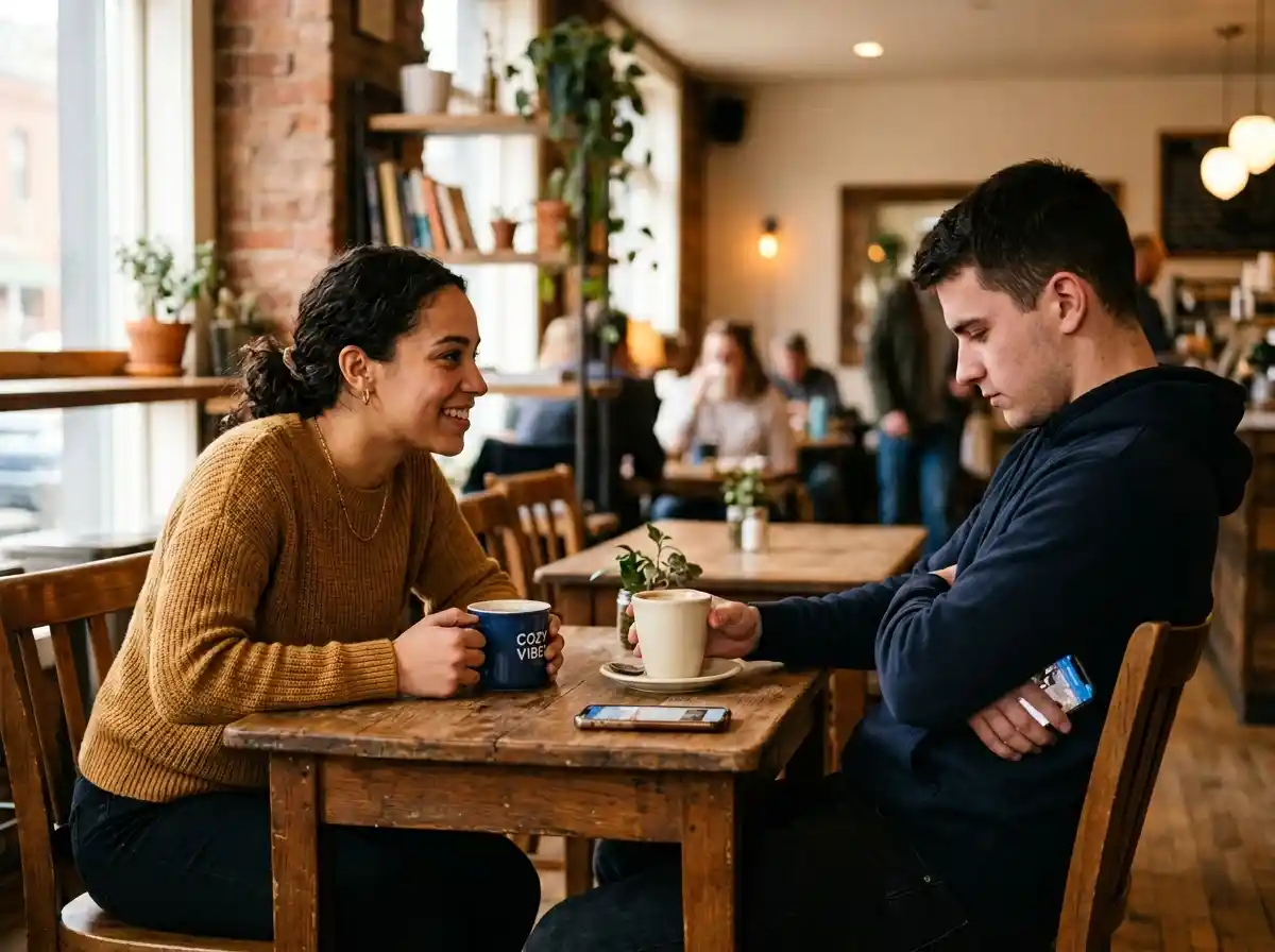 Two friends at a cafe, one looking uncomfortable after a comment
