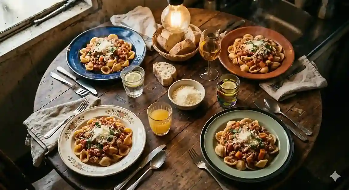 Four plates of food on a wooden table