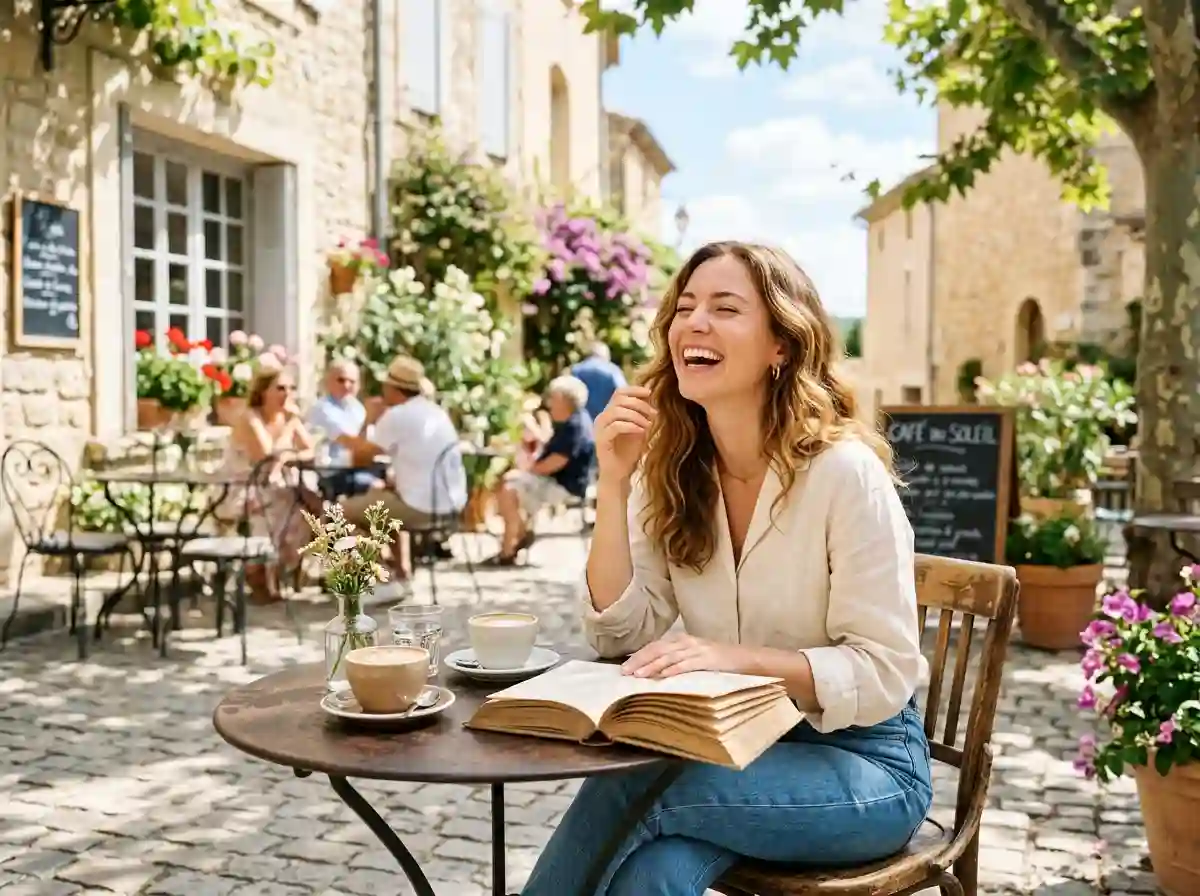 Woman laughing freely at an outdoor cafe