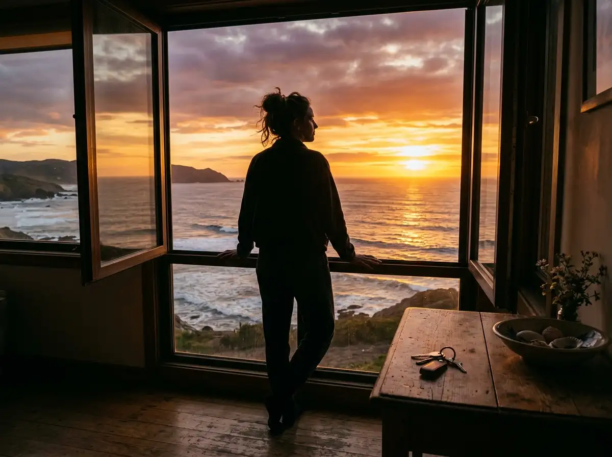 Silhouette of a woman looking out a window at sunset, symbolizing freedom and victory