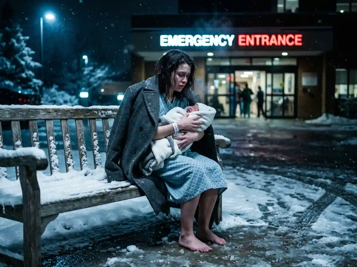 Young woman in a hospital gown holding a baby barefoot in the snow