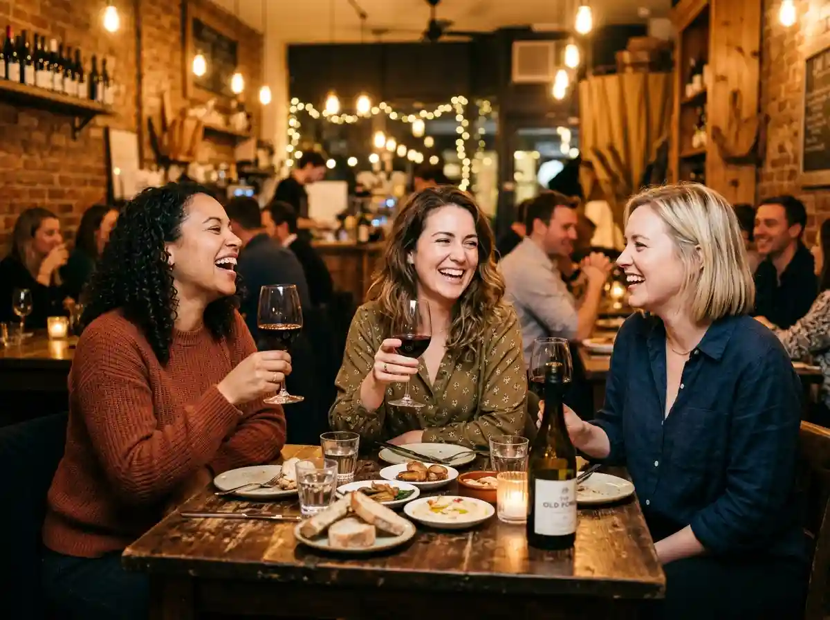 Three women sitting around a rustic restaurant table, laughing joyfully and sharing a meal.