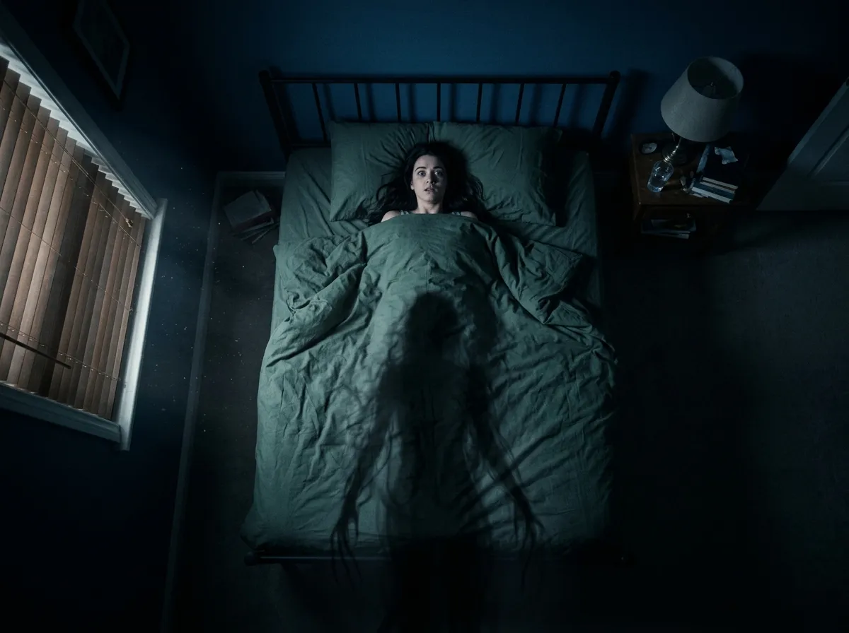 A person lying in bed looking terrified by a shadow figure