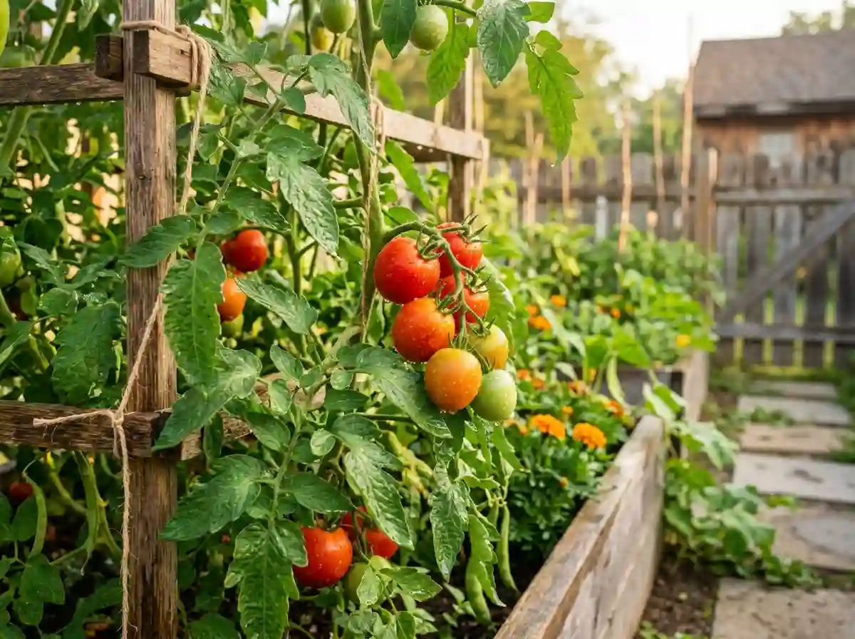 A lush vegetable garden with ripening tomatoes