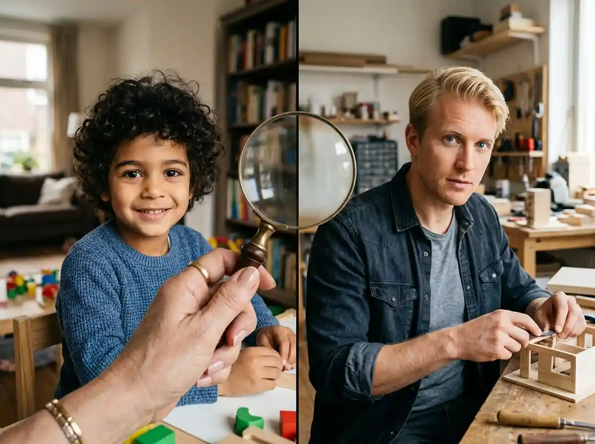 Comparison between a dark-haired boy and a blond-haired man