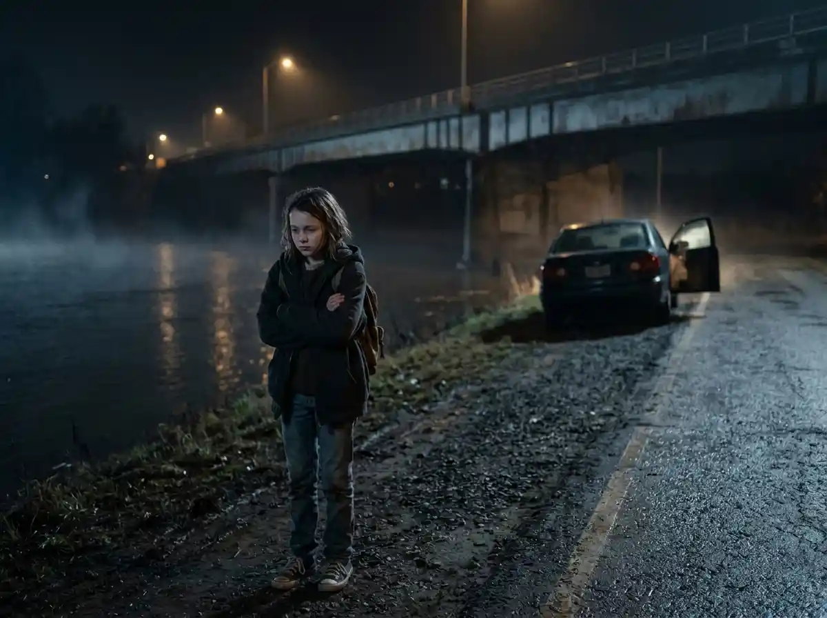 A young girl standing alone on a cold, misty road near a river at night