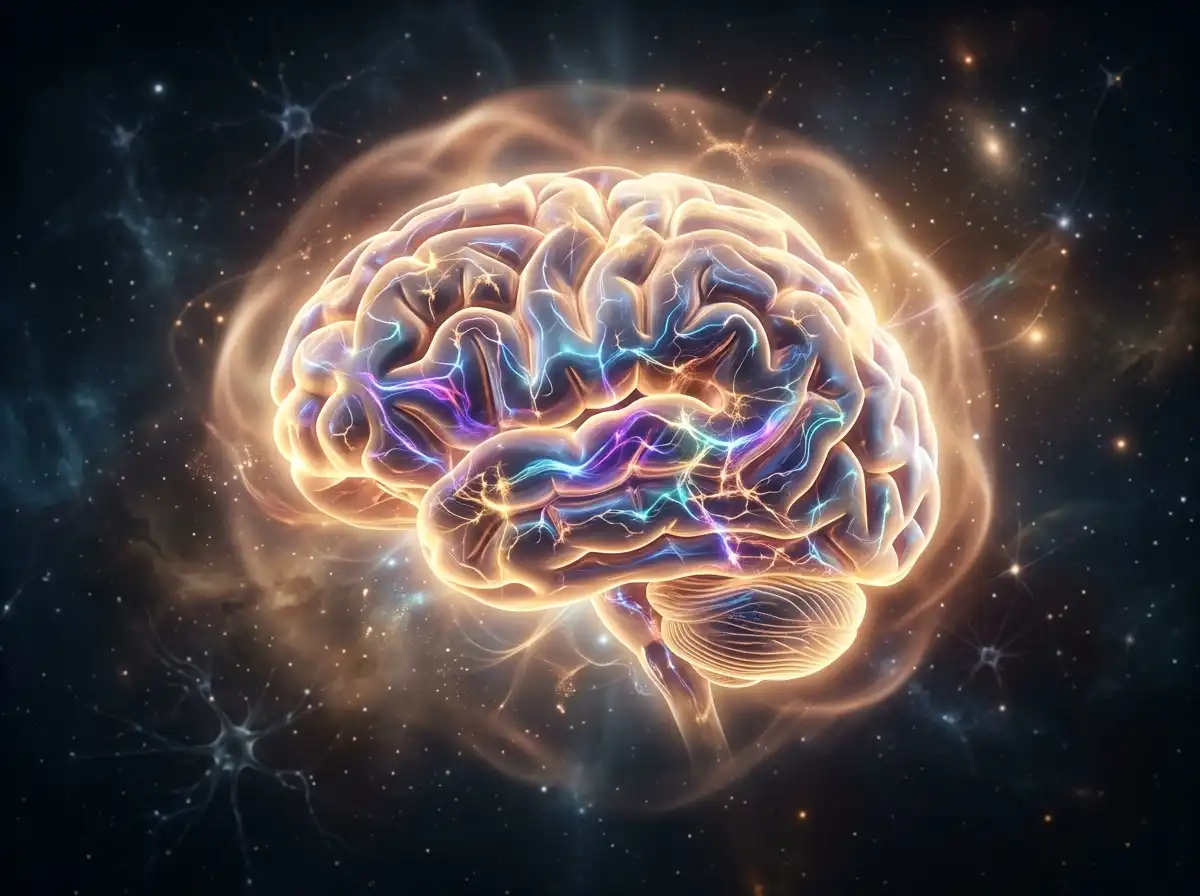 Glowing 3D human brain showing energetic gamma waves