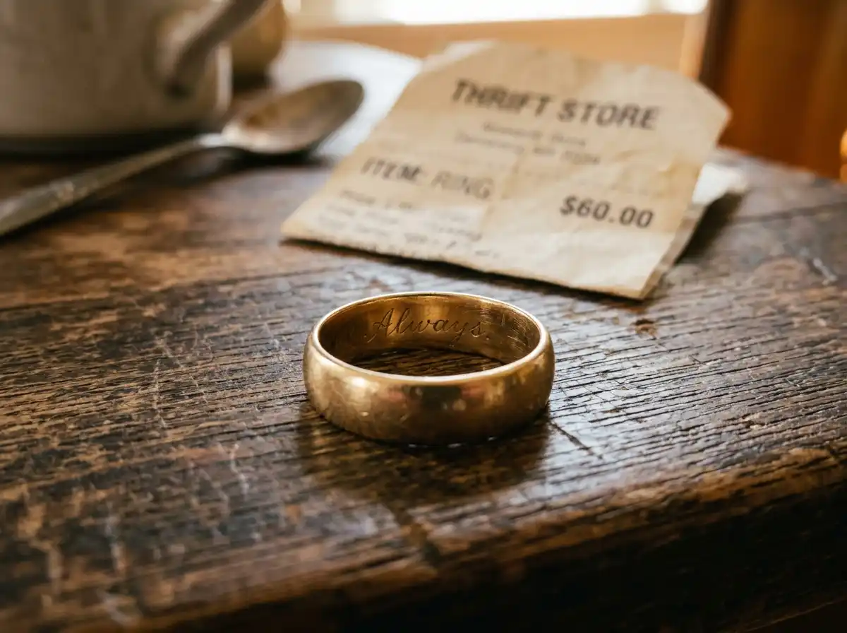 Close up of a gold wedding ring with 'Always' engraving