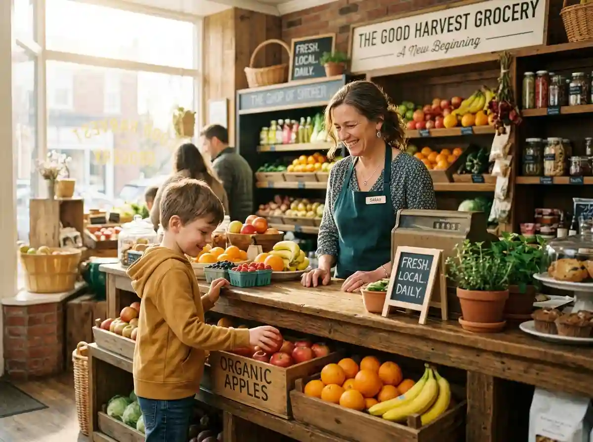 A smiling mother and her young son working happily in a small grocery shop