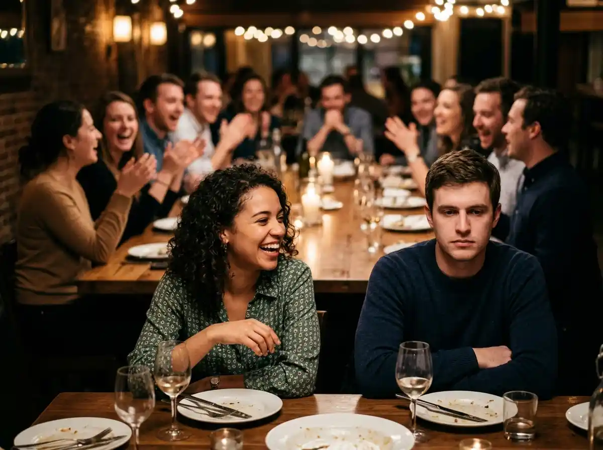 A group laughing but two people sitting together looking distant