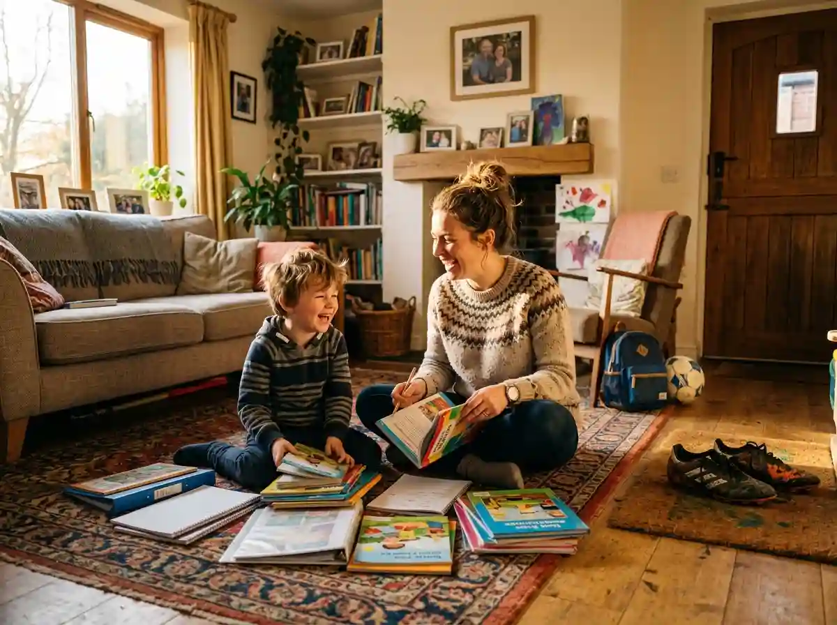 A mother and son laughing in a modest, cozy living room