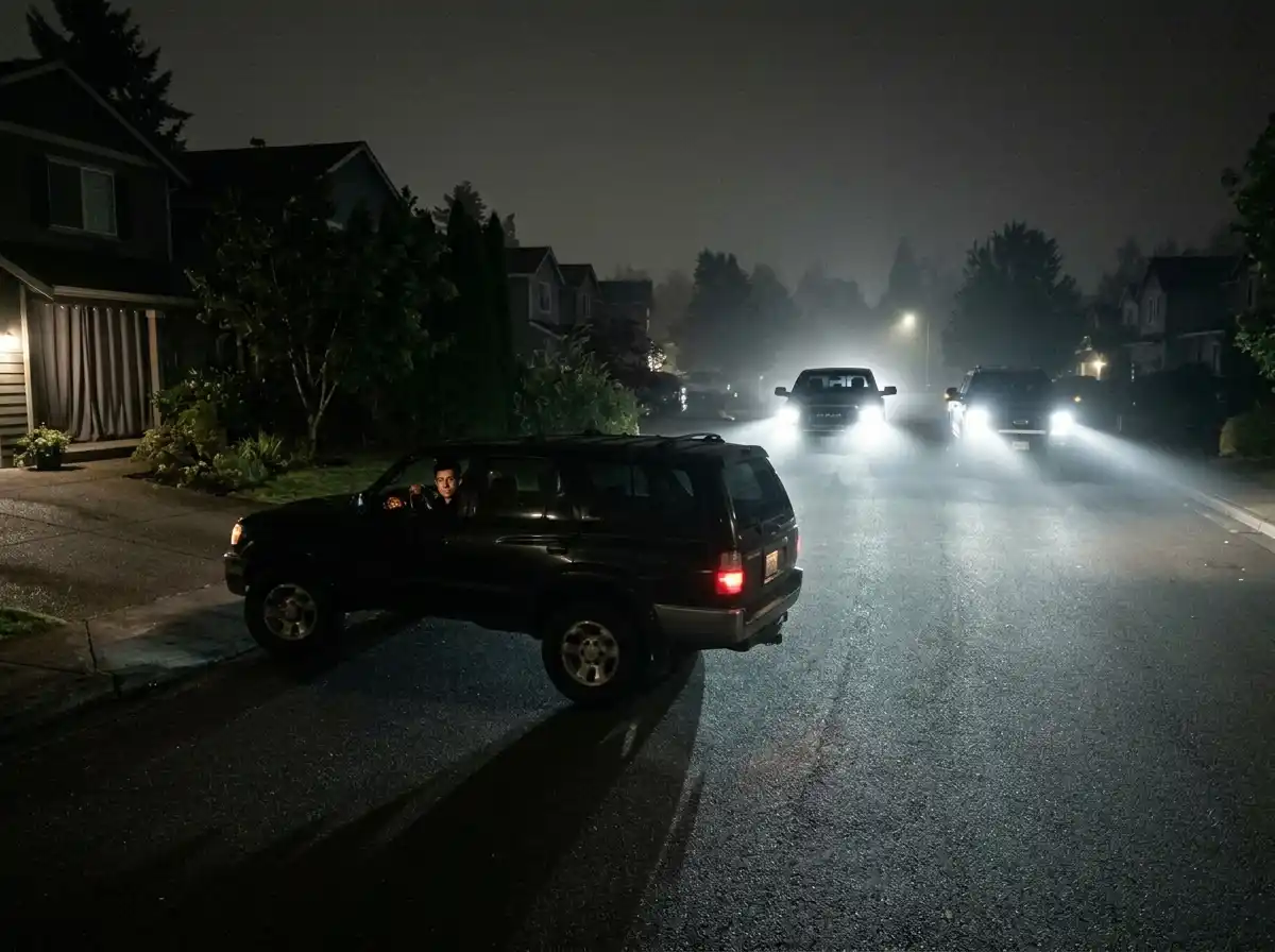 Headlights approaching a dark suburban driveway at night