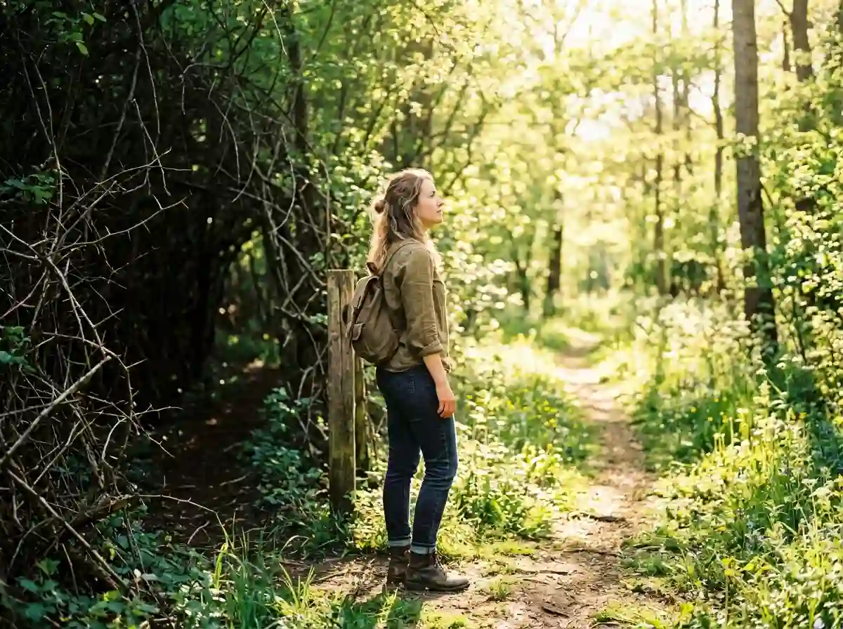 Person standing in a bright forest looking hopeful