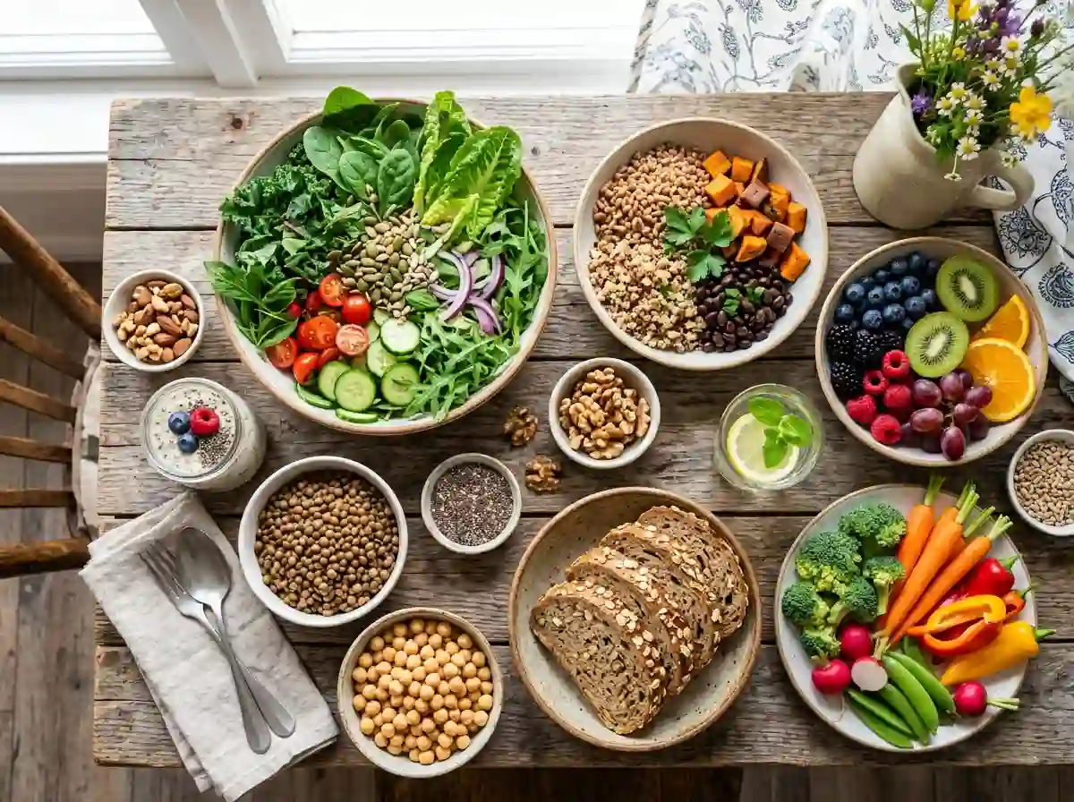 A rustic table full of vibrant, fiber-rich fruits and vegetables