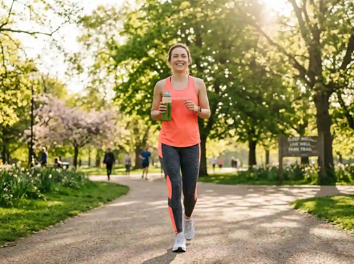 A refreshed person walking in a park with a healthy smoothie