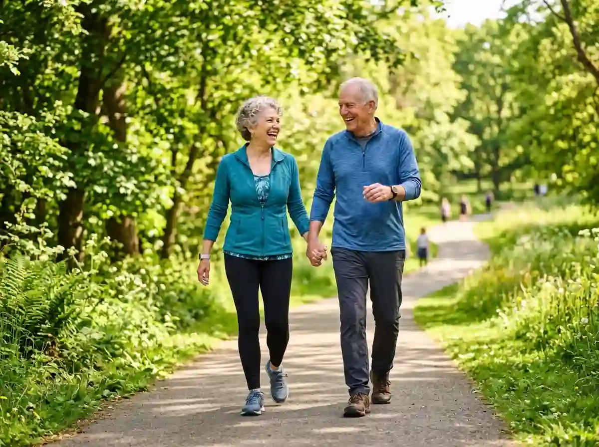 A healthy older couple smiling and enjoying a brisk walk in a lush green park.
