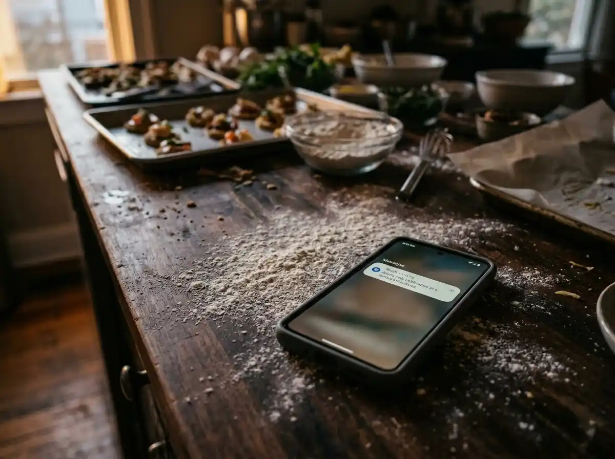 A phone screen showing a rejection text message next to a tray of food