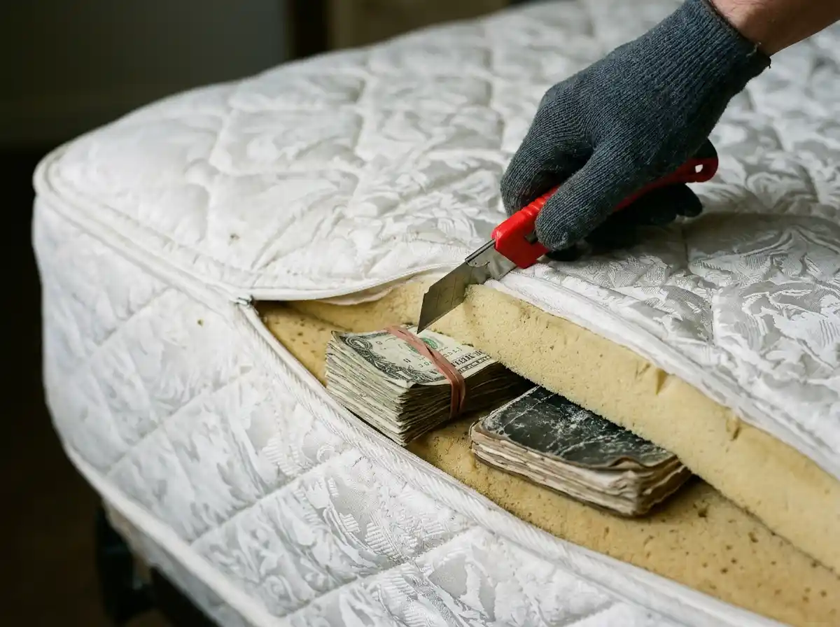 A knife cutting into a mattress to reveal hidden cash