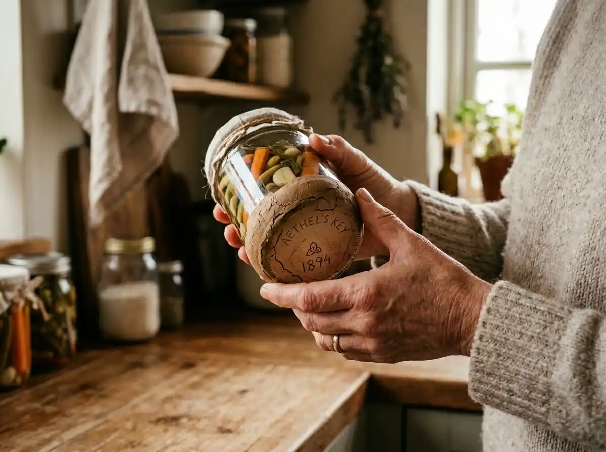 A close-up of hands finding a hidden message etched on the clay bottom of a glass jar.
