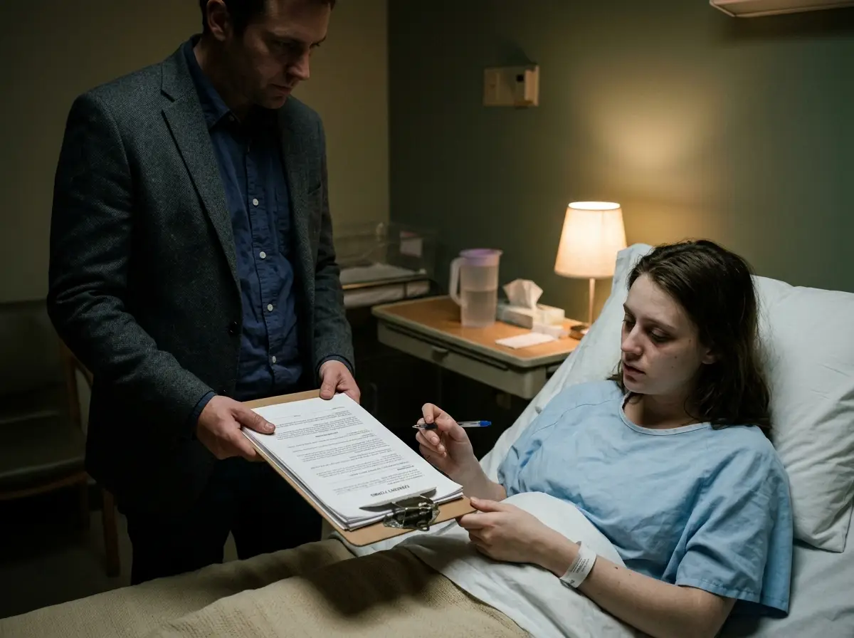 Exhausted mother in hospital bed being handed legal documents to sign