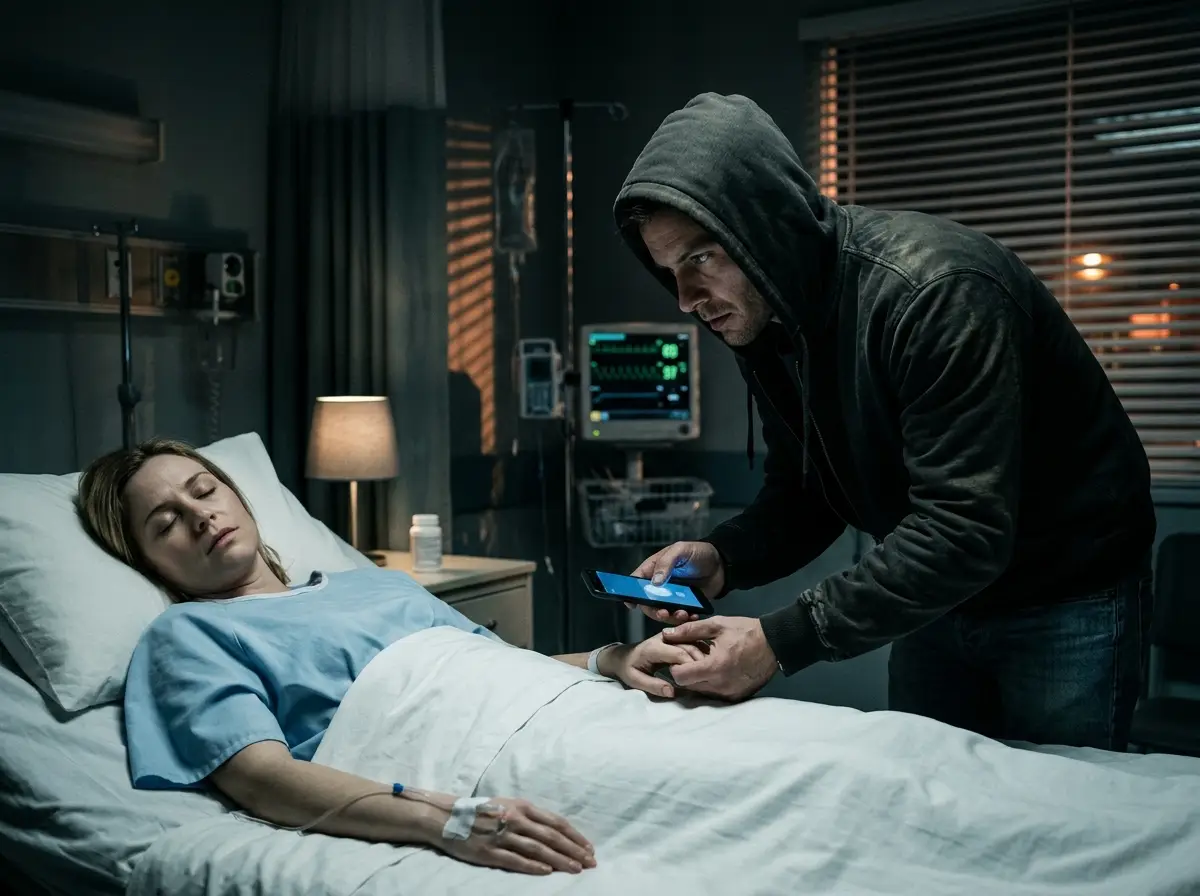 Man taking fingerprint from sedated wife in hospital