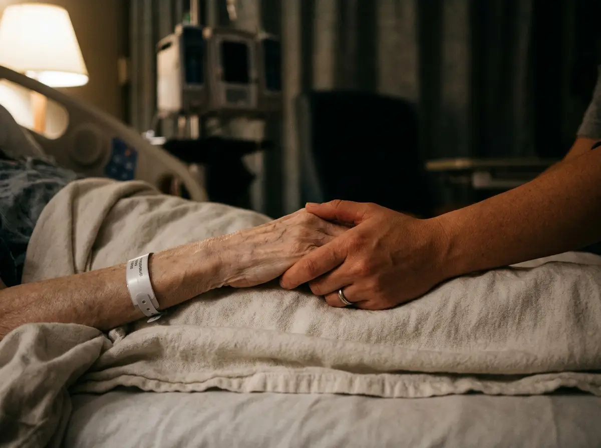 Two women holding hands tightly in a dimly lit room