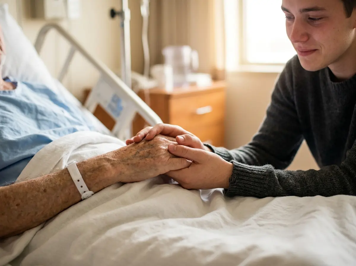 A young person holding an elderly man's hand in a hospital