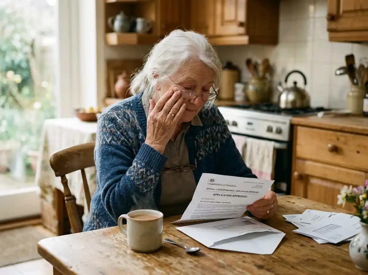 Elderly woman feeling emotional relief while looking at an official letter at her kitchen table