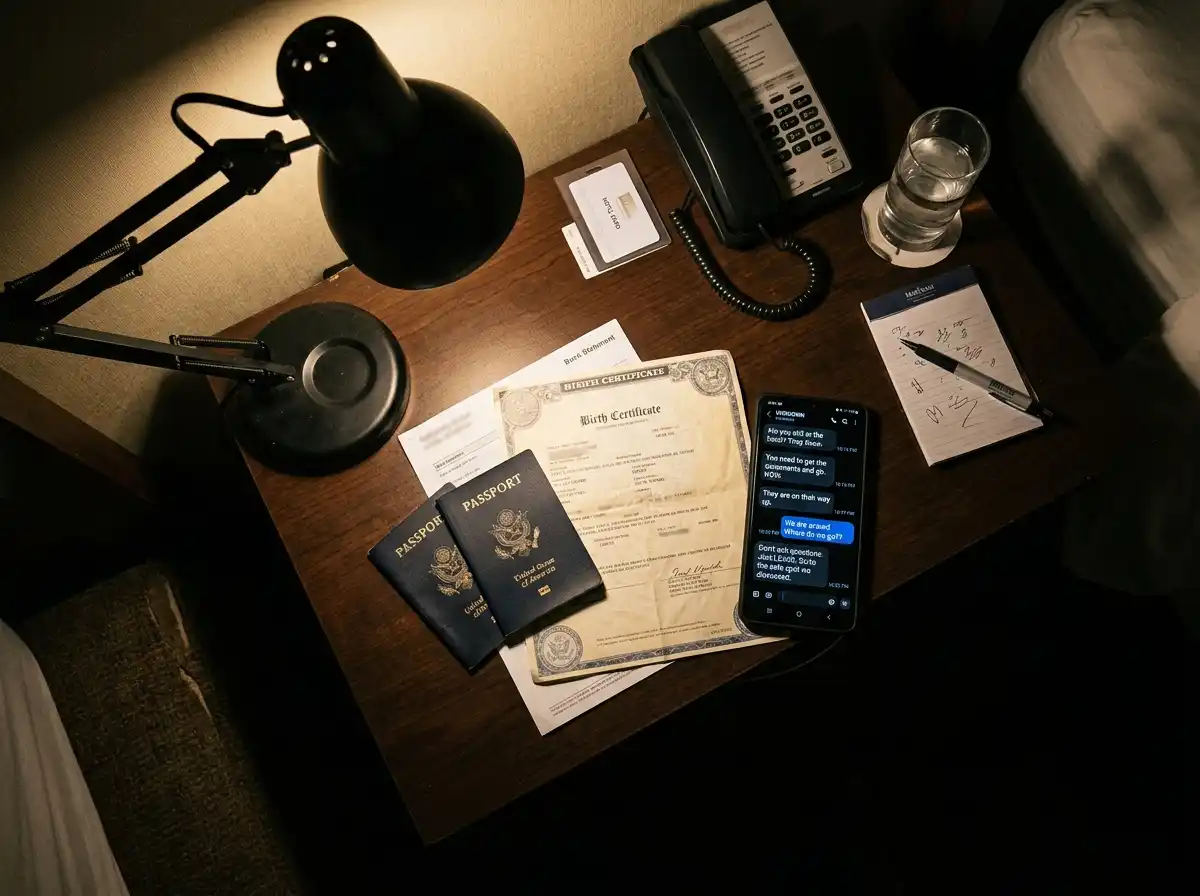 Passports and documents scattered on a hotel desk under harsh light