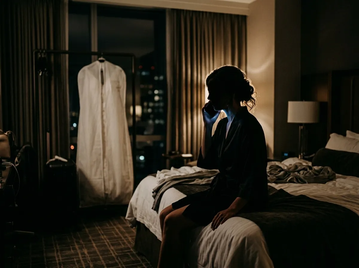 A dimly lit hotel room where a woman sits quietly on the edge of the bed holding a phone.