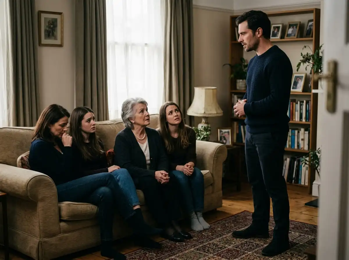 Man standing up to his family in the living room