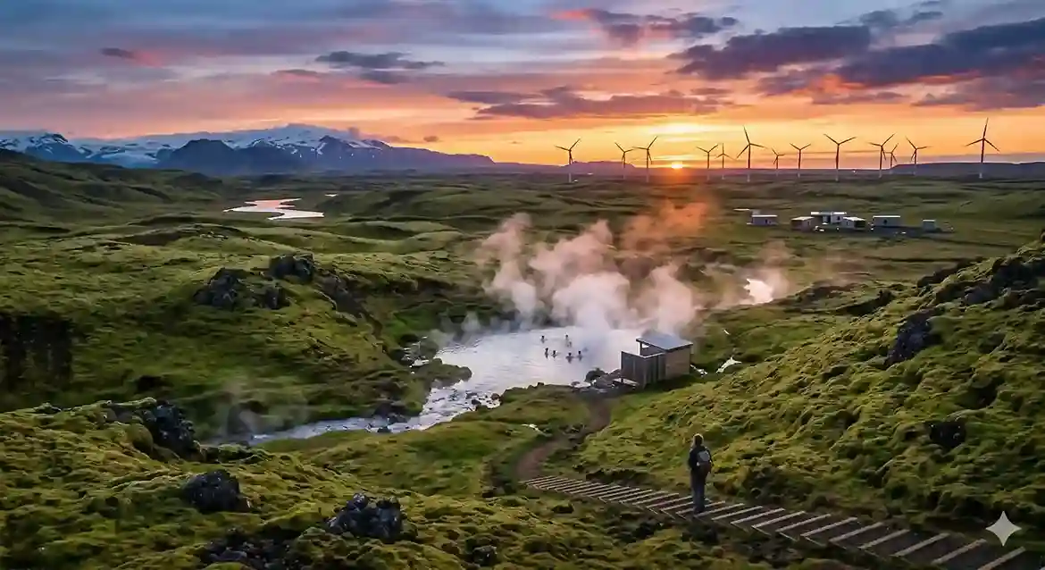 Tranquil Icelandic landscape with geothermal hot springs