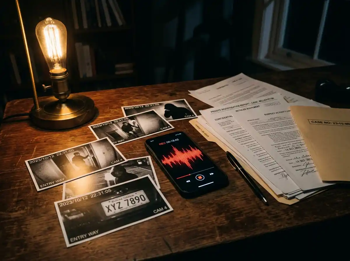 Legal documents, photos, and a recording on a dimly lit desk