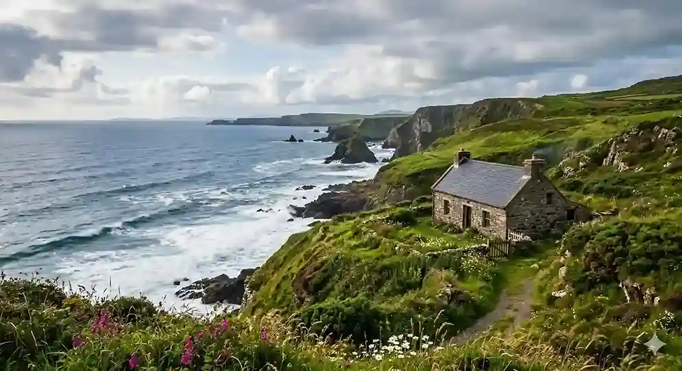 An isolated stone cottage on the rugged green coastline of Ireland