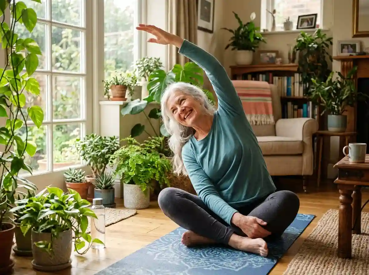A joyful older woman smiling while doing gentle yoga in her sunlit living room.