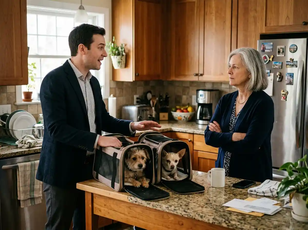 A son bringing dogs to his mother's kitchen while she listens calmly