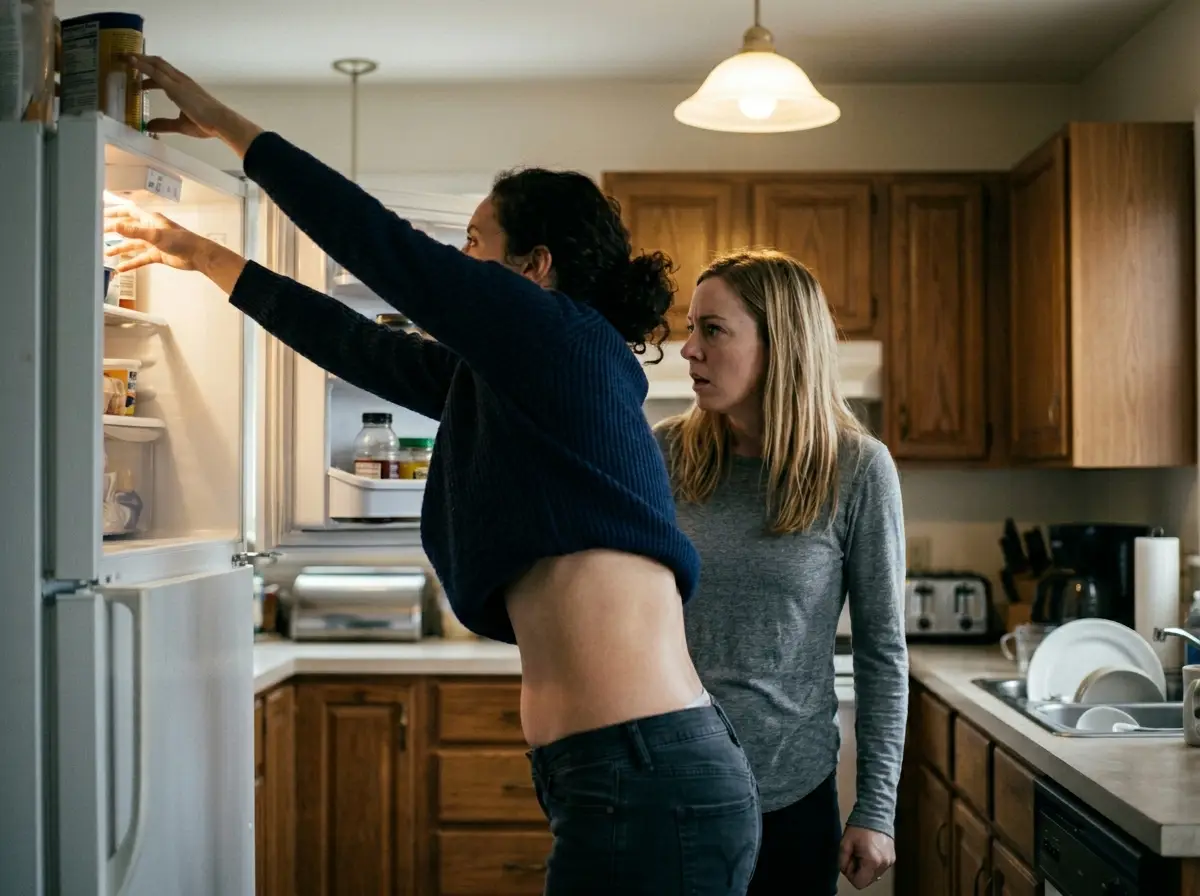 A woman reaching up in a kitchen while another stares in shock